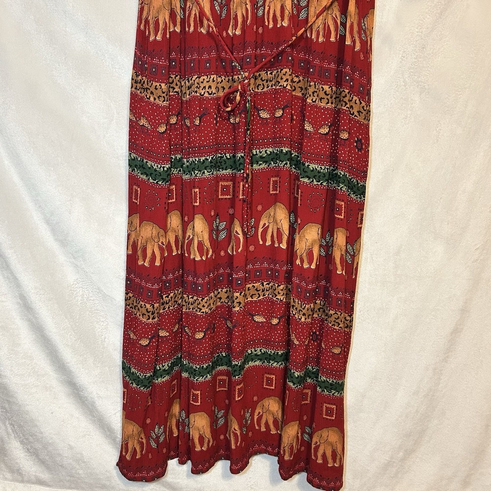 BILA Rayon Red Orange Floral Safari Elephant African Pocket Maxi Tank Dress L - Picture 8 of 9